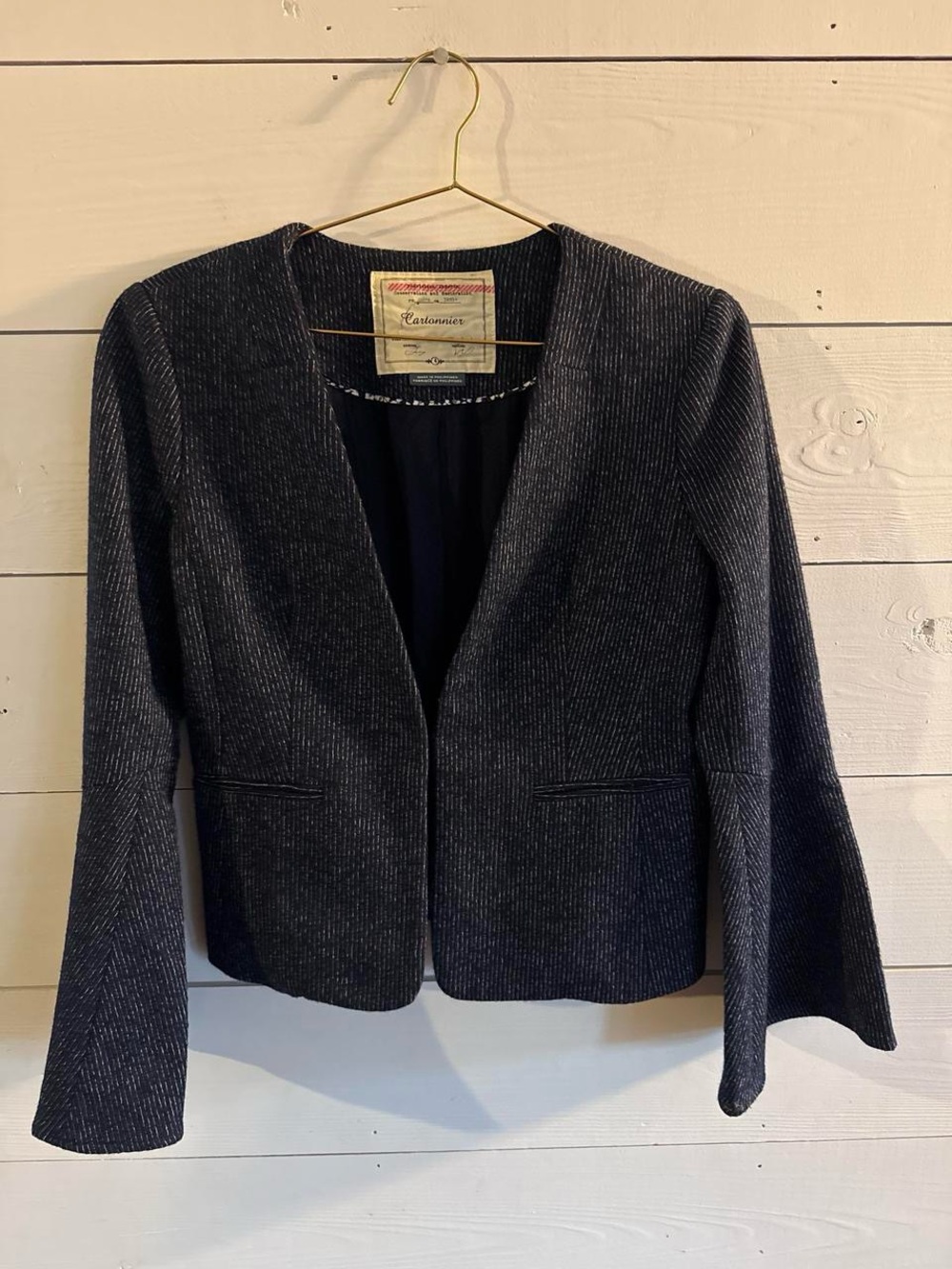 Cartonnier Women's Dark Charcoal Pinstripe Collarless Blazer